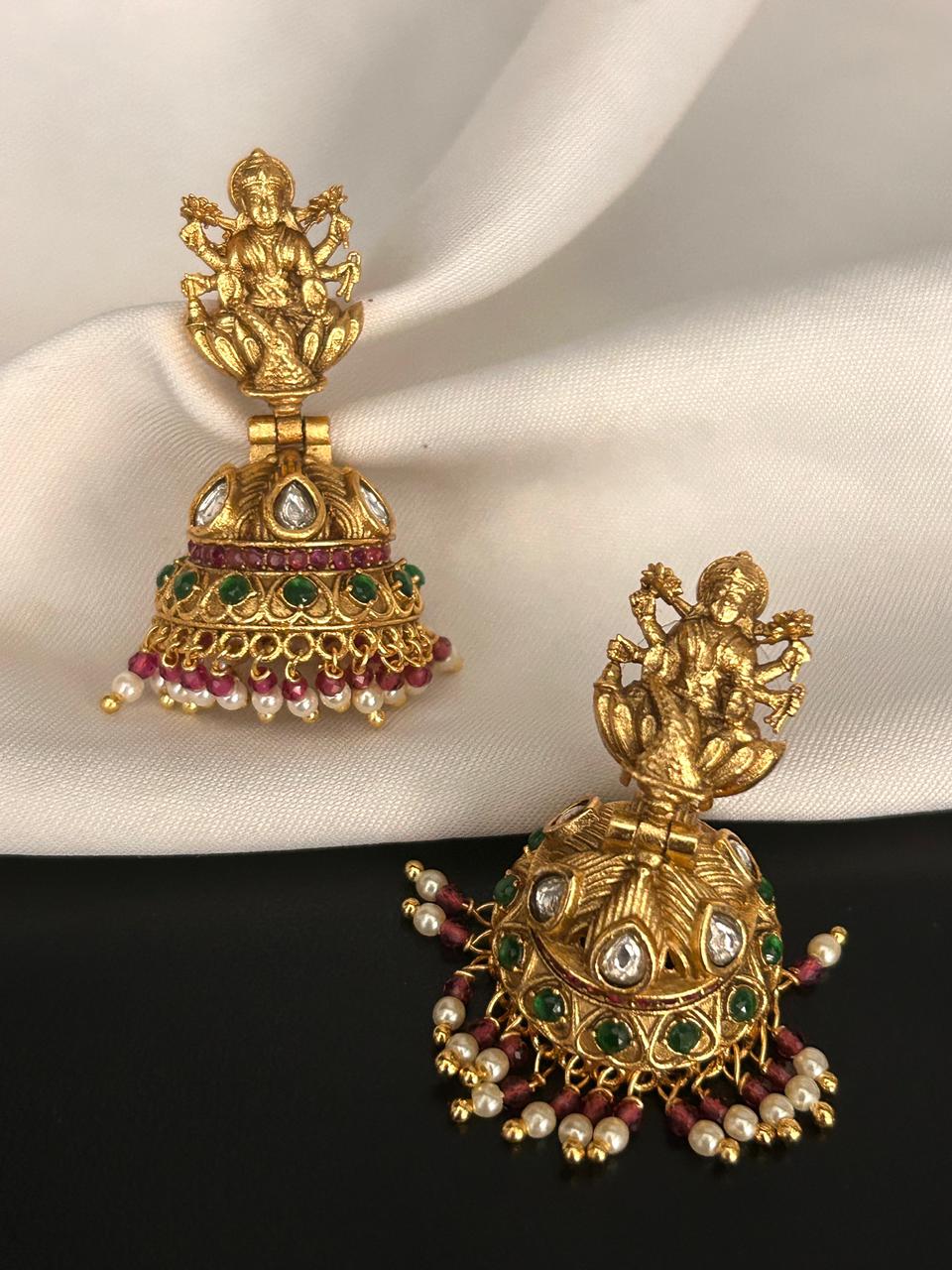 Antique Lakshmi Jhumka Earrings with Kundan, Green & Pearl Detailing